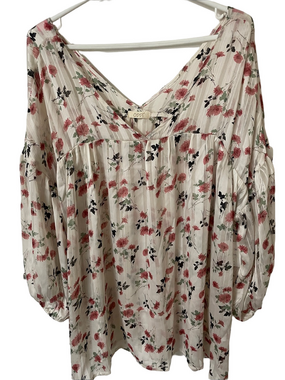ODDY Cream Blouse with Floral Print Deep V Neckline Size 1X